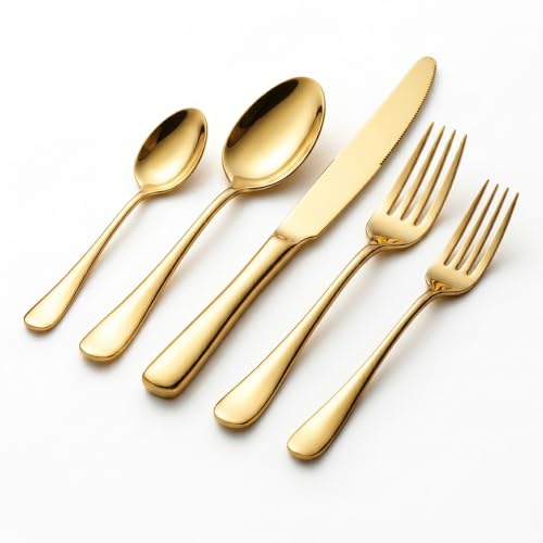SIAKA 40-Piece Gold Silverware Set, Stainless Steel Flatware Set Service for 8, Food Grade Cutlery Utensil Set for Home Restaurant, Include Knife Forks Spoons Set, Mirror Polished Dishwasher Safe