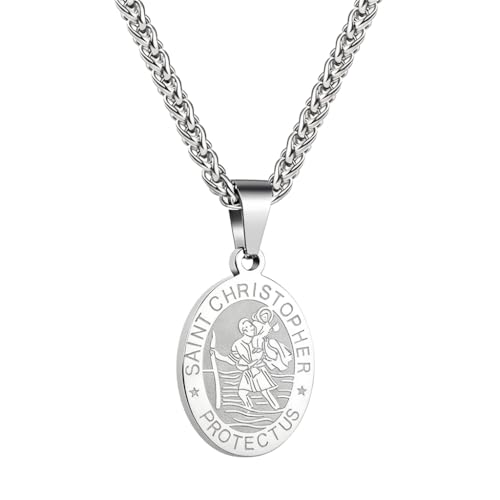 Stainless Steel Oval Virgin Mary Saint Benedict Michael Christopher Benedict Jude Raphael Joseph Pendant Necklace for Men & Women - Catholic Miraculous Medal Sliver Saint Christopher