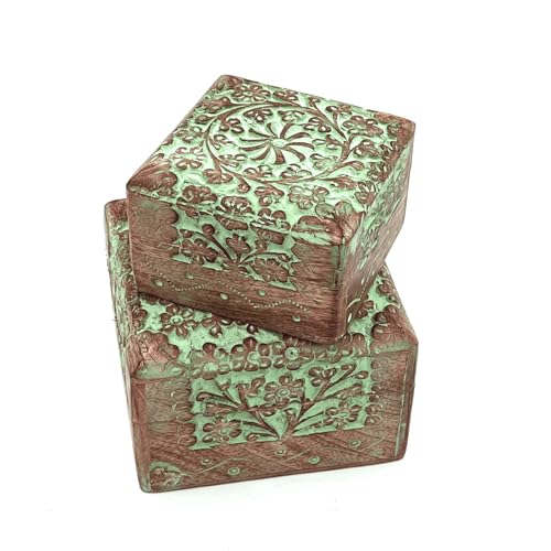 Mango Wood Pack of 2 Antique Jewelry Organizer - Mango Wood Jewelry Box for Women, Decorative Storage Solution with Elegant Design and Craftsmanship, Ideal for Home and Gift Use (Green)