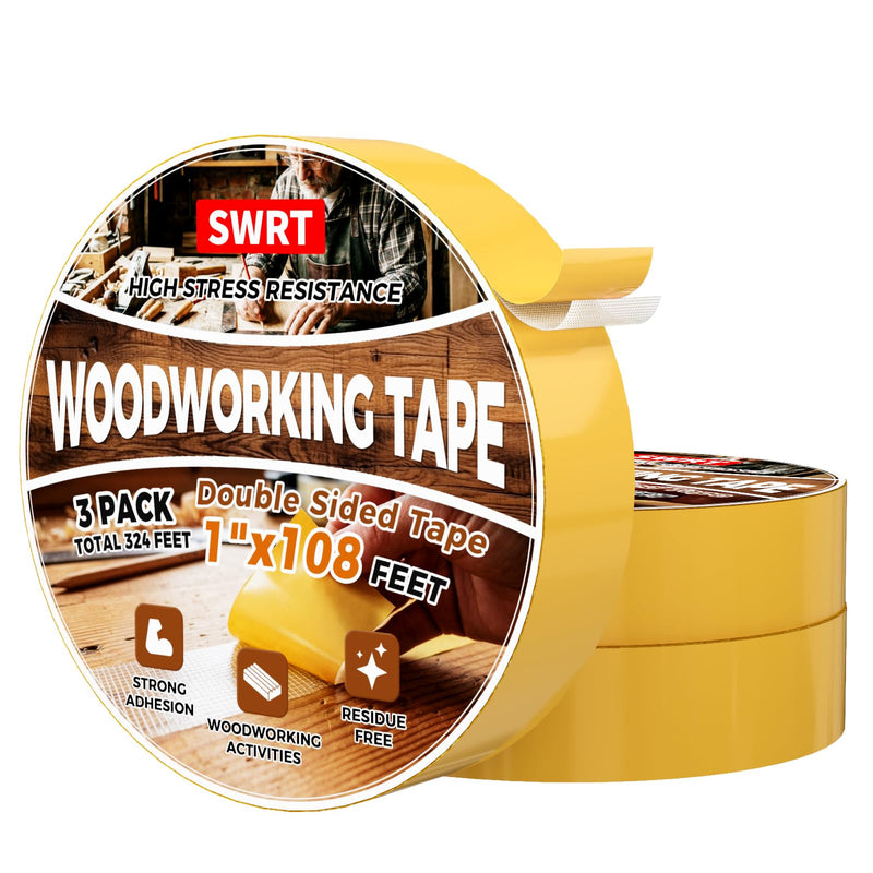 SWRT Double Sided Woodworking Tape 1 Inch x 108 FT, 3 Rolls, Removable Adhesive for Holding Wood Templates, Mounting Boards, MDF Edge Banding, Routing, and Anchoring, Clean Removal No Residue