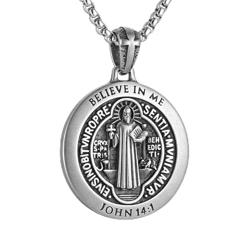 HZMAN Saint Benedict Medal Necklace for Men, Stainless Steel Vintage Matte Religious Pendant, 22"+2" Adjustable Chain Christian Faith Protection Jewelry for Men
