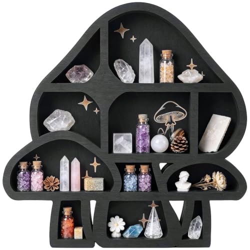 Crystal Display Wall Mount 11.8 x 11.8 Inch Rustic Floating Wall Decor, Wooden Mushroom Shelves Oils Trinkets Gemstone Storage Organizer for Meditation Art Spiritual Gift Boho Room Decor