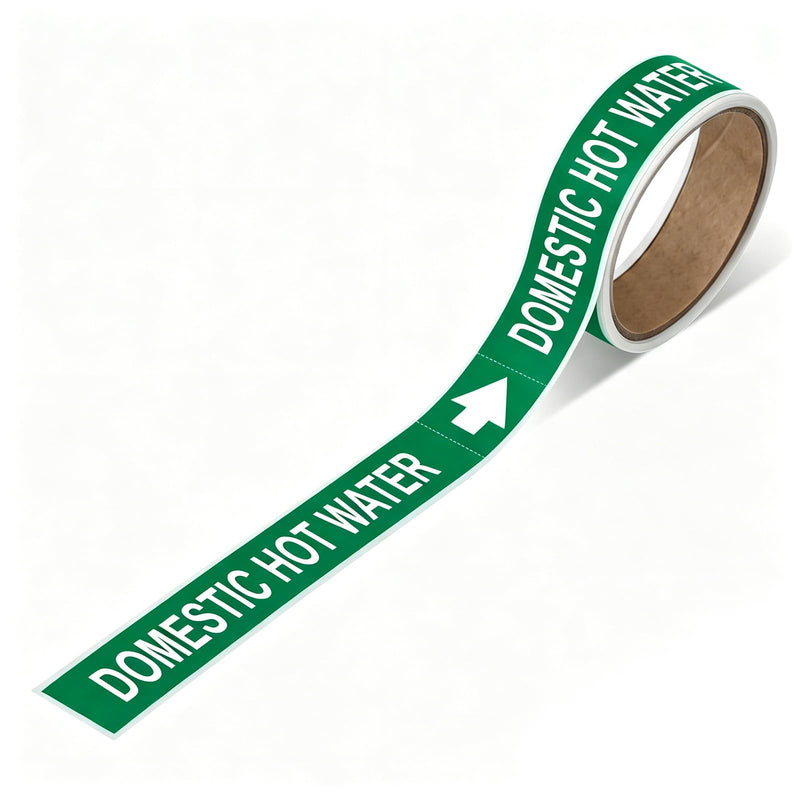 1 Roll Domestic Hot Water Label - 1" Height x 8" Width Pipe Markers, Self-Sticking - Plastic Film (Green) Green