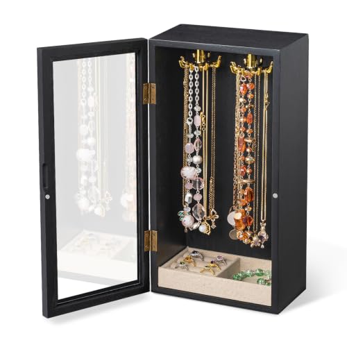 Black wooden jewelry box with rotating hooks for necklace organization, featuring a SINGBLA necklace holder and storage compartments.