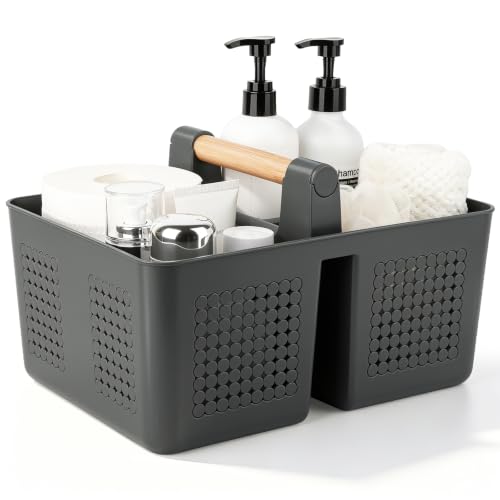 JiatuA portable shower caddy basket in dark grey with multiple compartments for organizing toiletries and shower essentials.