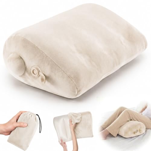 Beige inflatable wedge pillow by Maison Cozy for travel, leg elevation, and comfortable sleep, shown inflated with supportive shape.