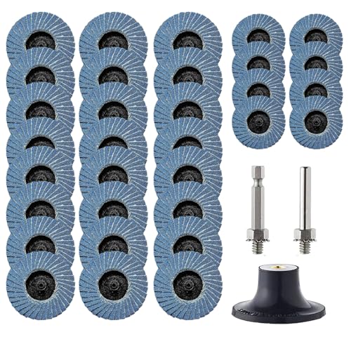 Pack of 32 Flap Discs 50 mm for Drill, 2 Inch Sanding Discs 50 mm, Grit 40/60/80/120, Zirconia Corundum Grinding Disc for Metal Wood Steel, Angle Grinder 2 Inch Tray + 2 Round Rods