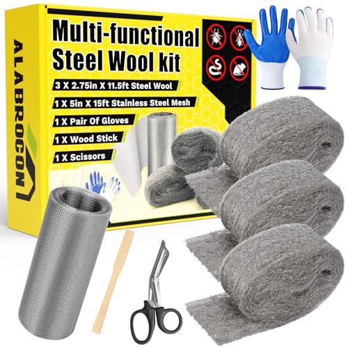 Alabrocon steel wool kit with three 11.5 ft rolls and 15 ft wire mesh, shown together