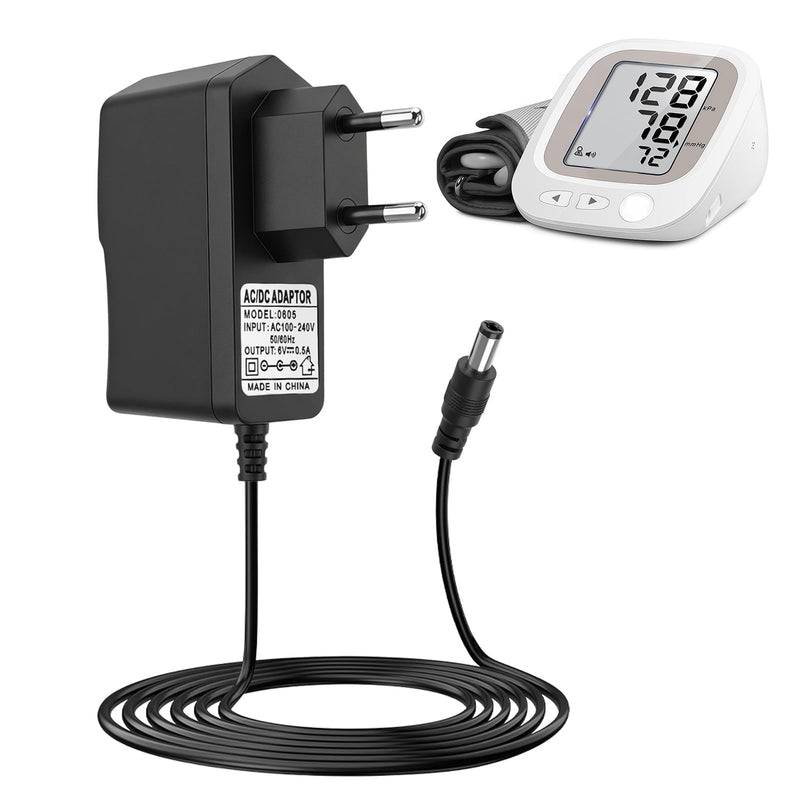 6 V Power Supply Charger for Boso Medicus Blood Pressure Monitors | Suitable for models Control/Prestige/UNO/Family/TB-233C/410-7-150, stable 5.5 x 2.1 mm plug, 1.2 m cable, multiple protection