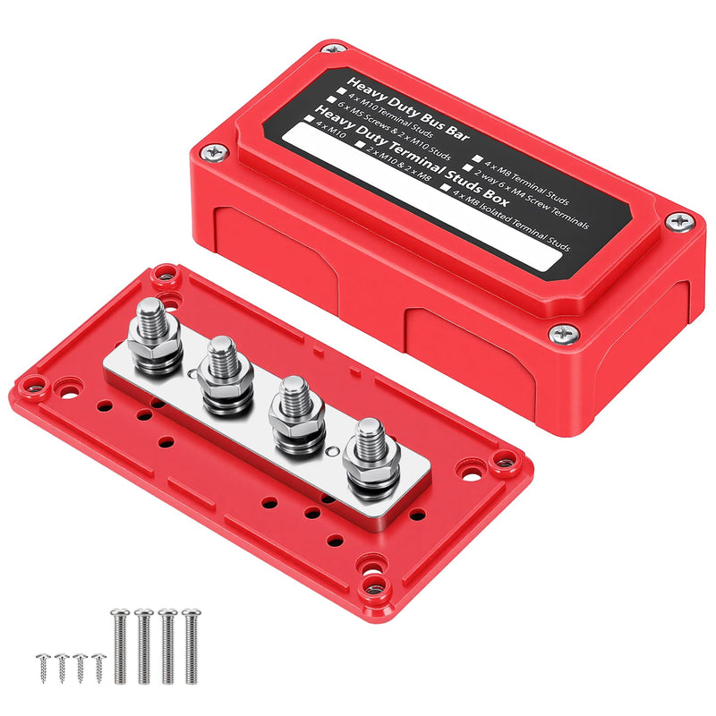 300A Busbar 48 V, 4 x M8 Busbars Distributor Terminal Strips, Heavy Duty Busbar Battery Busbars, Ideal for Trucks, Cars, Motorhomes, Solars, Boats, Marine, Red 1
