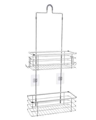 Hanging Shower Caddy, Stainless Steel, 2-Tier Bathroom Organizer Rack over Shower Head with 2 Hooks for Razor and Sponge