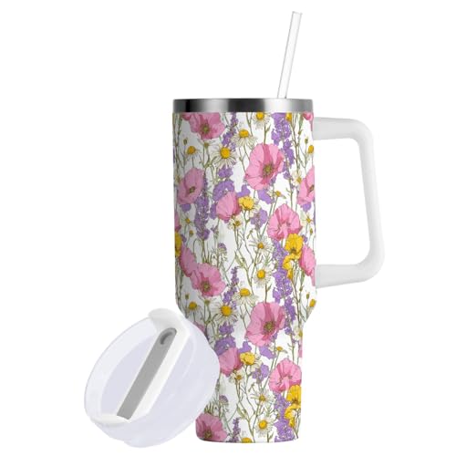 Farmhouse Wildflower Pink Poppy Tumbler with Handle and Straw Leak Proof Tumbler 2 in 1 Lid Insulated Water Bottle Tumblers Stainless Steel Cup Large Travel Mug Cups, Gifts for Women Man, 30oz Pink Poppy Flower 30 Ounces