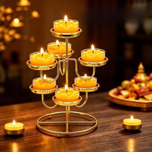 7 Cups Golden Diwali Diya Candle Holder Metal Tea Light Deepavali Decor