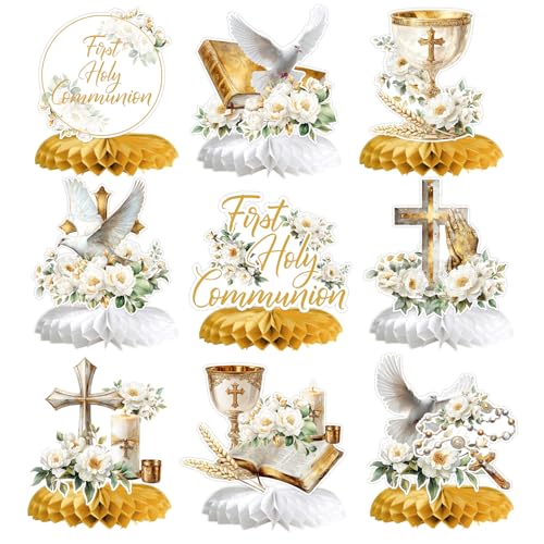 First Holy Communion Honeycomb Centerpieces, Baptism Decorations, God Bless Religious Table Centerpiece, First Communion Table Decor, Baptism Christening Baby Shower Birthday Party Decorations 9PCS