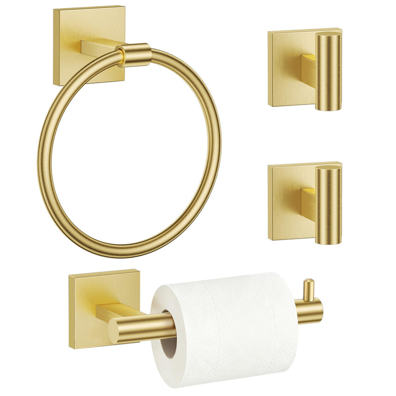 TURS Brushed Gold 4-Pieces Towel Ring Set Include Towel Ring Toilet Paper Holder Towel Hook SUS304 Stainless Steel Bathroom Accessories Kit Wall Mounted Set C