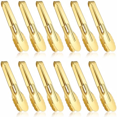 12 Pack Gold Serving Tongs, Stainless Steel Buffet Tongs, 9 Inch
