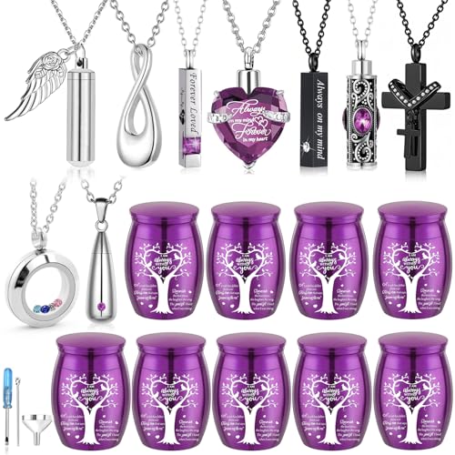 Small Urns for Human Ashes Cremation Urns Keepsake Set of 18 Cremation Jewelry Necklaces for Ashes Stainless Steel Keepsake Cremation Ash Holders Locket for Women Men (18Pcs-Purple) 18pcs-purple