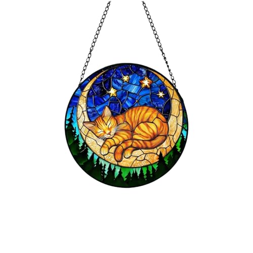 Stained Glass Suncatcher, Orange Sleeping Cat Moon Star Night Sky Catcher, 6-Inch Window Hanging Decor for Home Garden