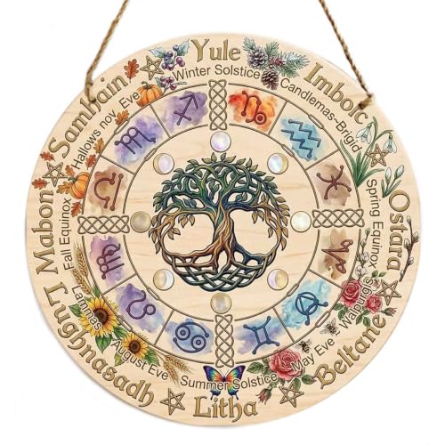 Wooden Wheel of the Year Door Sign - 12 Inch Pagan Calendar Wall Hanging - Celtic Seasons & Sabbats Decor - Witchy Spiritual Gifts, Wiccan Home Accessory for Altar, Porch, or Garden Wheel Year