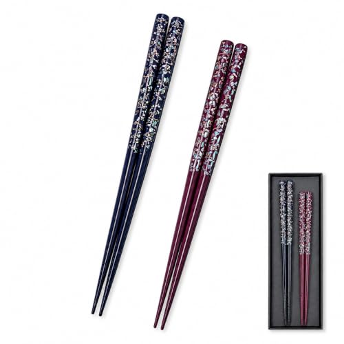 Premium Japanese Chopsticks Set for 2 [Made in Japan] Reusable Wooden Chopsticks with Mother of Pearl Inlay (Raden) and Traditional Lacquered Finish C (Owari Classic 2prs (MK057)) Owari Classic 2prs (MK057)
