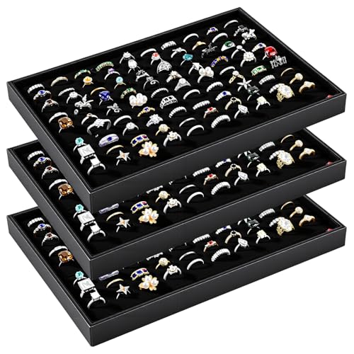 Three velvet jewelry display trays by PercyEffie with 300 slots each, stackable design for organizing rings and small jewelry pieces.