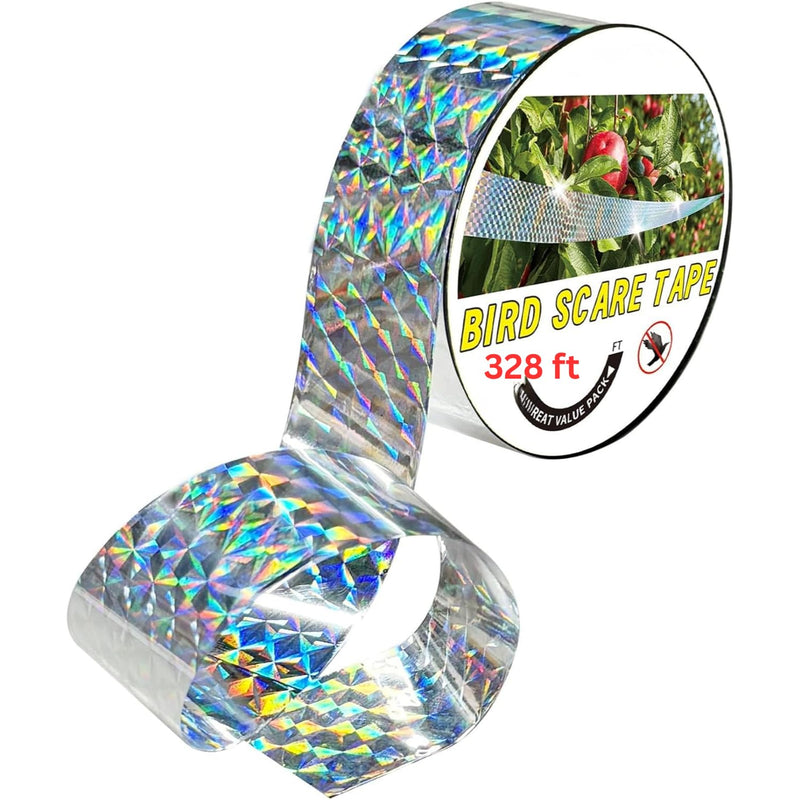 Bird Scare Reflective Tape, 328 ft Roll, Double-Sided Flash Tape for Sparrows and Woodpeckers, Outdoor Bird Deterrent for Gardens, Farms, Orchards, Homes