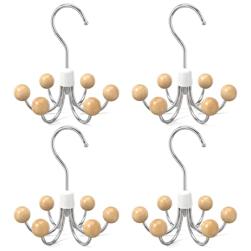4-Pack 360° Swivel Hoodie Hanger with 6 Natural Wood Balls, Multi-Hook Closet Organizer for Sweatshirts, Purses, Hats, Bras & Accessories Storage
