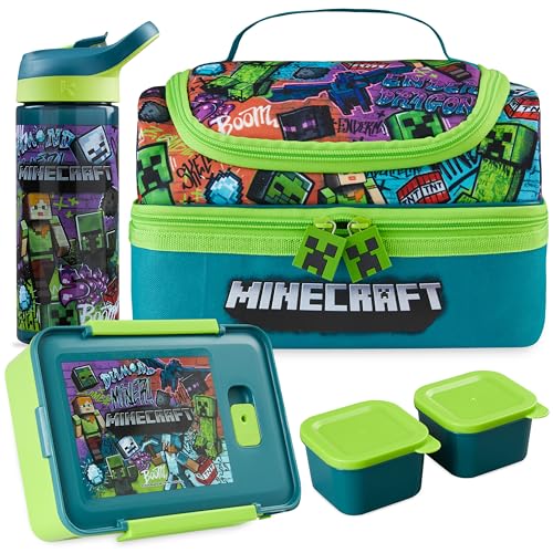 Get Trend Minecraft Kids Lunch Box 3 Pc Set with Insulated Lunch Bag, Bento Box with Two Mini Pots & 20 fl oz Water Bottle with Straw for School, Picnic, Creeper Gamer Gifts for Boys (Multi Minecraft) Multi Minecraft
