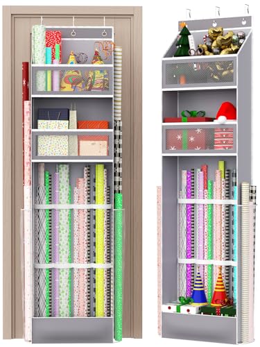 Over Door Wrapping Paper Organizer Hanging – Christmas Gift Wrap Storage for Ribbons, Bows, Ornament and Other Tools, Behind Door Long Craft Roll Holder Bag, Present Wrap Container, 1Pack, Gray