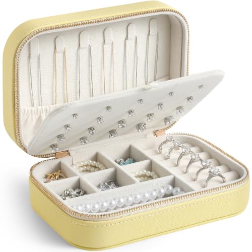 Genuine Leather Travel Jewelry Organizer Case for Women, Small Mini Portable Jewelry Box for Ring Earrings Necklace Bracelet Luxury Gift for Women Yellow