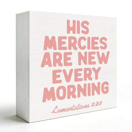 Pink Christian Wooden Box Sign 5x5 Inch, Christian Home Decor, His Mercies Are New Every Morning Bible Verse Religious Decorative Wood Signs for Home Office Desk Tabletop Shelf Decorations Wooden Box Sign E