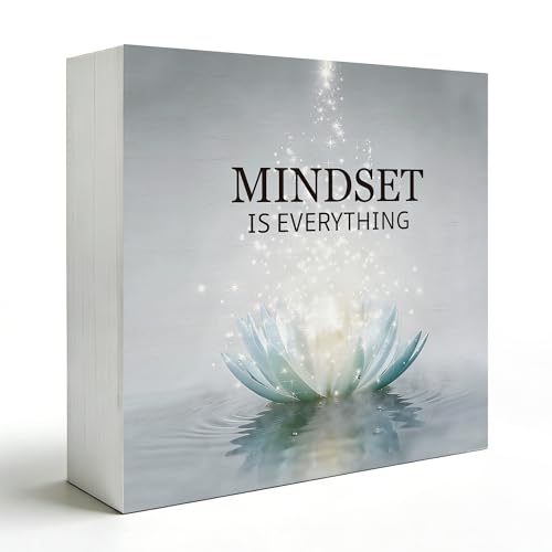 Mindset Is Everything Inspirational Wooden Box Sign 5x5 Inch, Lotus Flower Spiritual Meditation Decorative Wood Signs for Zen Room Yoga Studio Home Office Desk Tabletop Shelf Decorations Wooden Box Sign C