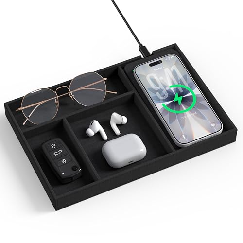 Valet Tray with Wireless Charger, Nightstand Organizer & Catchall Tray for Phone, Keys, Glasses and Accessories, Premium Linen, Stylish Desk & Bedside Storage Station, Black Black linen Single Charger