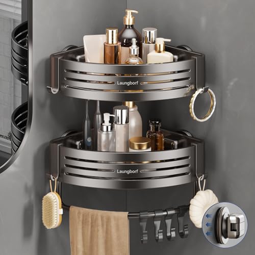 Gray corner shower caddies with suction cups, LAUNGBORF 2-pack, featuring triangle-shaped design for bathroom organization.