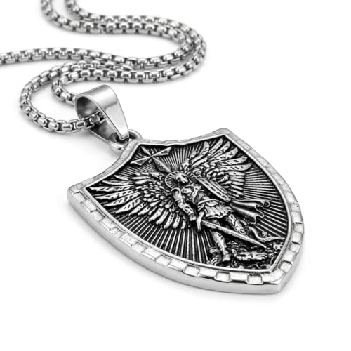 Stainless Steel St. Michael Shield Pendant Necklace for Men - 23.6Inches (60 cm), Antique-Finish Archangel Michael Protection Amulet, Religious Gift for First Responders