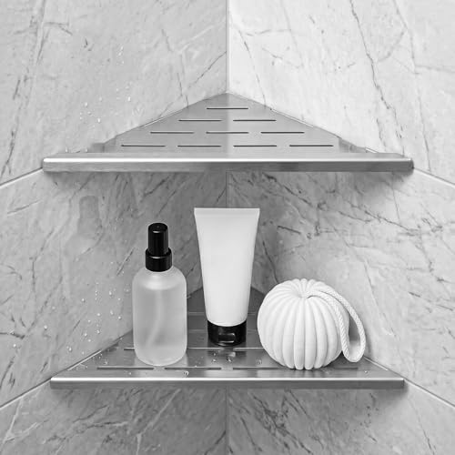 2 Pack Corner Shower Shelf 10 Inch 304 Stainless Steel Shower Corner Shelf for Inside Showers Slot Design Recessed Shelves Bathroom No Drill Tiled Wall Silver