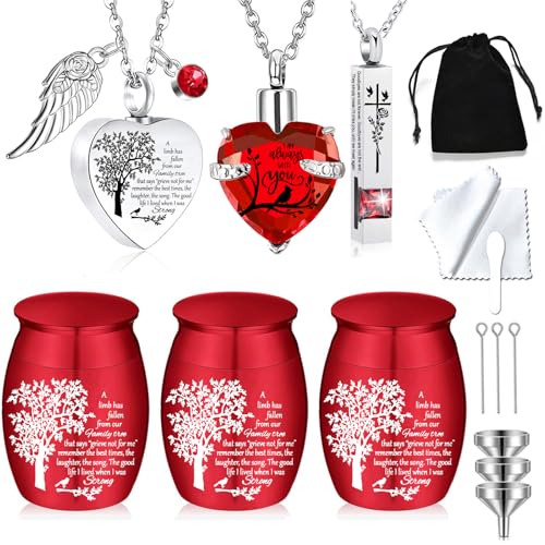 Cremation Urn Necklace for Ashes Set of 6- Small Cremation Urns for Human/Pet Ashes Keepsake Sharing Urns Memorial Ashes Holder-A Limb has Fallen from The Family Tree (6Pcs-Red) 6pcs-red