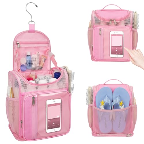 Pink medium hanging shower caddy by Bagmoly, portable travel toiletry bag with multiple compartments for college or on-the-go use.