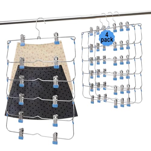 Skirt Pants Hangers with Clips,6Tier Skirt Hangers Space Saving,Metal Multi Pants Hangers and Storage Multi Clothes Shorts Hanger Organization,Space Saving Hangers with Clips (Blue, 4-Piece Set) Blue
