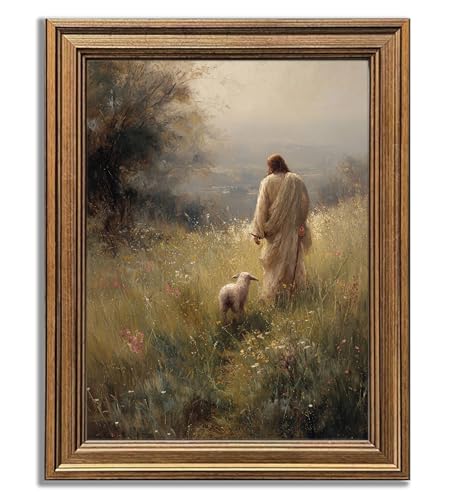 Gold Framed Jesus Wall Art Jesus With Lamb Wall Decor Christian Picture Flower 16"L x 24"W