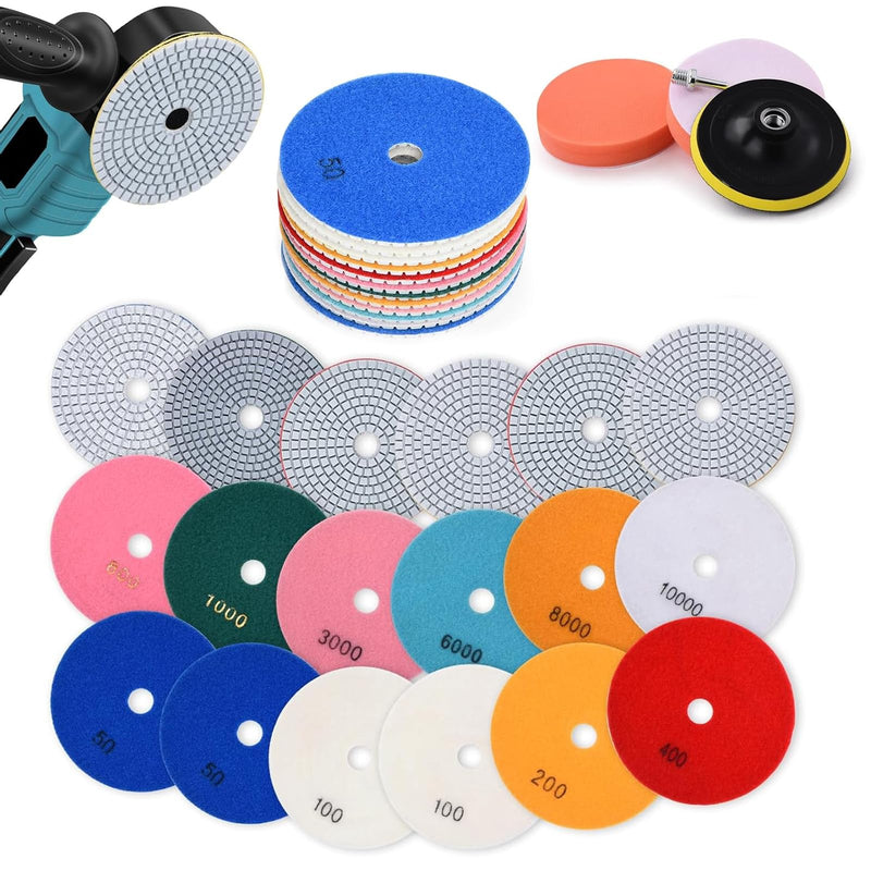 16 pieces diamond polishing discs, marble polishing set, 125 mm including M14 backing pad adapter 50-10000 grit, sanding pads suitable for granite, stone, concrete, tiles grinding