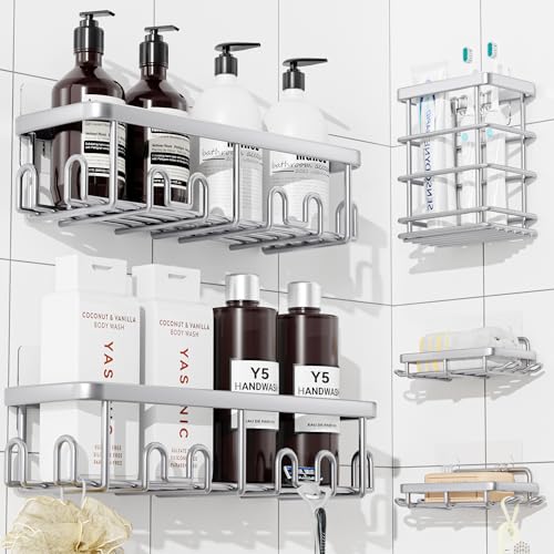 YASONIC Shower Caddy Adhesive, Rustproof Shower Organizer, Wall Shower Rack Silver 5-Piece Set (2 Caddies, 2 Soap Holders, 1 Toothbrush Holder)