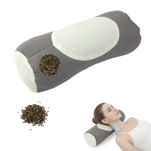 Buckwheat Neck Roll Pillow, Adjustable Cervical Neck Bolster (Khaki) Khaki