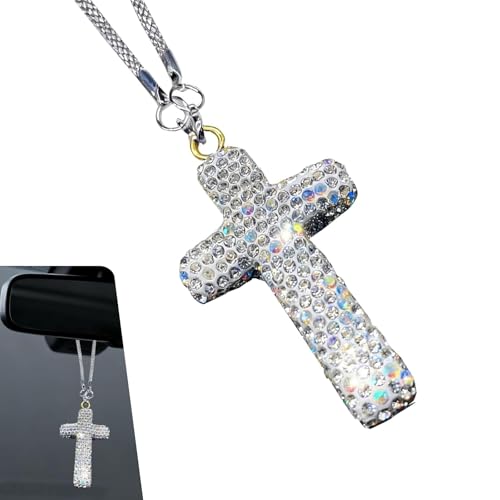 Bling Cross Car Mirror Hanging Accessories, Crystal Rhinestone Car Rearview Mirror Pendant, Double-Sided Diamond Rear View Mirrors Charms, Universal Lucky Interior Ornament Pendant (Silver) 1 PC Silver