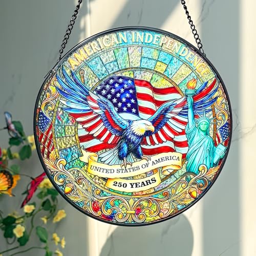 8 Inch Stained Glass Window Hanging, Sun Catcher with Metal Chain and Hooks, Decorative Stained Glass Panel for Garden & Patio (Eagle) Eagle