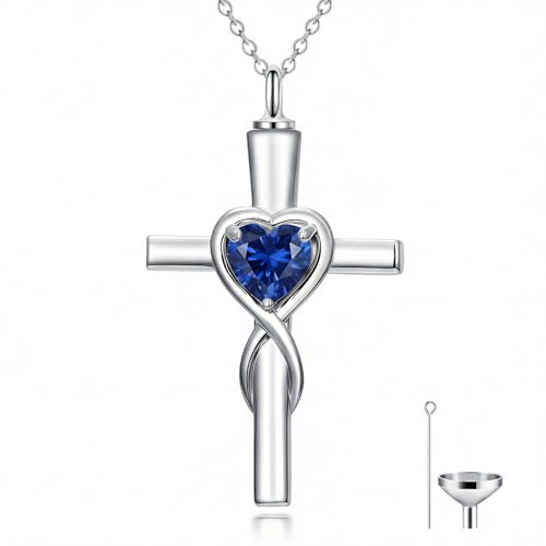 YYB Urn Necklace for Ashes Women Heart Birthstone Cross Cremation Jewelry 009-Sep-Sapphire
