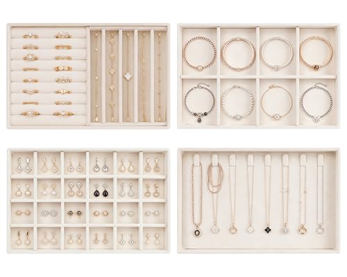 Velvet Jewelry Drawer Organizer Trays Set of 4, Beige 4 Layers