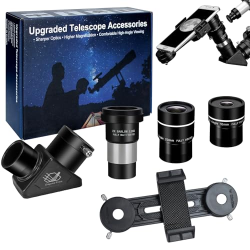 1.25" Telescope Accessory Upgrade Kit with 2 Premium Eyepieces, 2X Barlow Lens, 90° Diagonal Mirror & Phone Adapter, Astronomy Accessories for Sharper Moon Viewing, Planet Observation and Stargazing