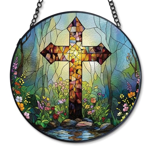 Christian Cross Stained Glass Hanging Religious Gifts for Women,6.3in 005-b-cross