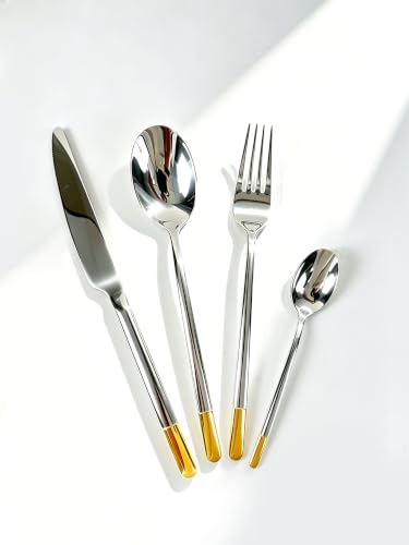 Silverware Set Service for 2, IKXO 8-Piece Modern Stainless Steel Flatware Cutlery Set, Dinnerware sets Include Fork Knife and Spoon Set, Mirror Polished Gold and Silver 2 people, 8 items